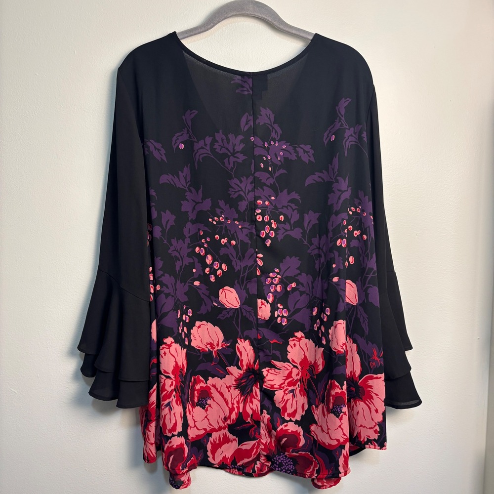 Liz Claiborne 2X Floral Tunic Blouse Bell Sleeve Black Purple Pink Boho Plus - Picture 4 of 8